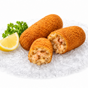Drie garnaalkroketten op gemalen ijs met citroen en peterselie