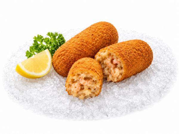 Drie garnaalkroketten op gemalen ijs met citroen en peterselie