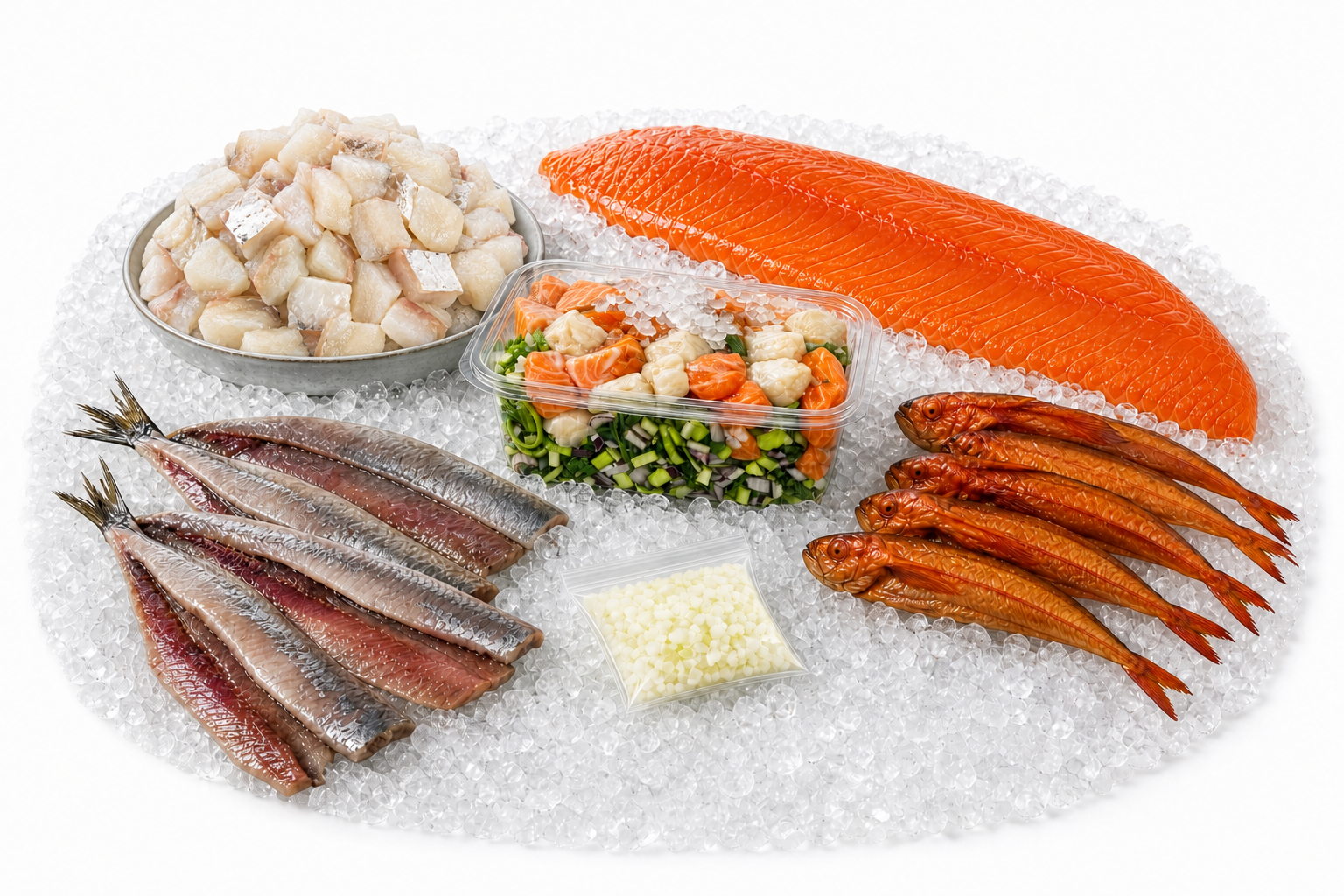 Vispuur Royaalpakket met verse kabeljauw-kibbeling, haring, hele zijde gerookte zalm, gerookte poon en roerbakgroente