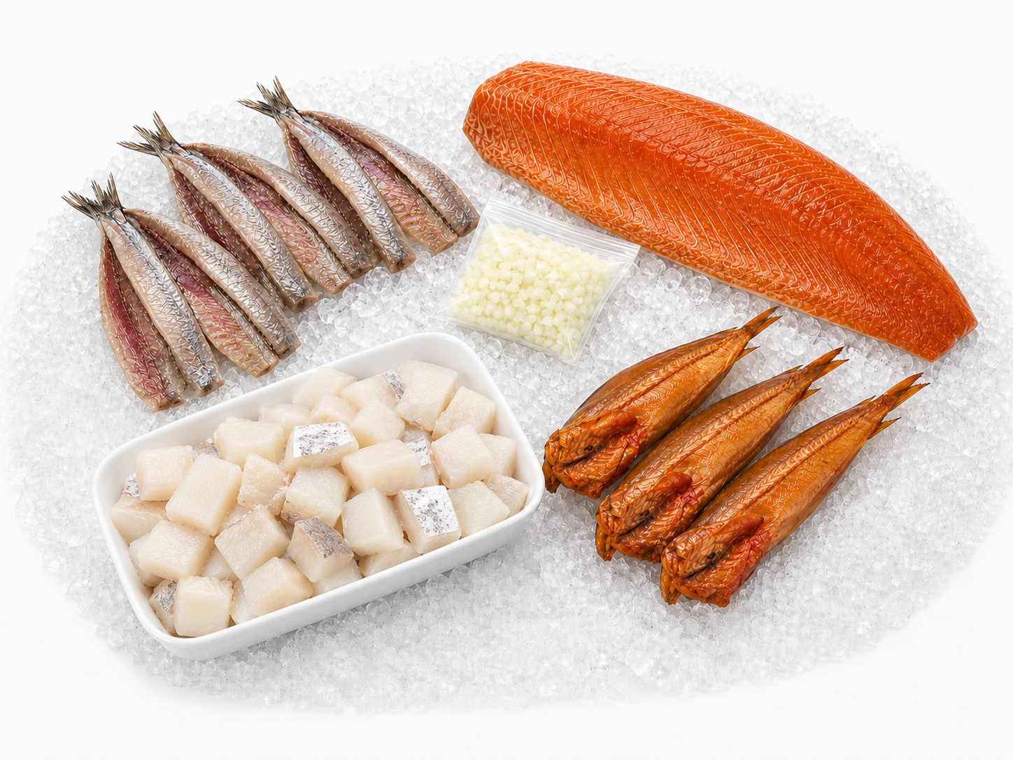 Vispuur Smaakpakket met verse kabeljauw-kibbeling, haring, halve zijde gerookte zalm en gerookte poon