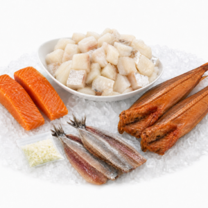 Vispuur Vispakket met verse kabeljauw-kibbeling, haring, gerookte zalm en gerookte poon