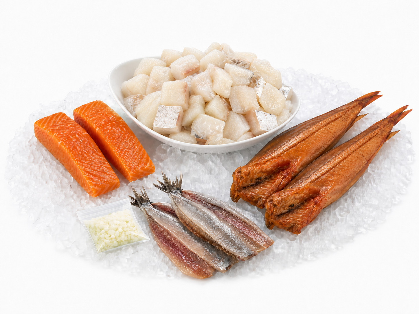 Vispuur Vispakket met verse kabeljauw-kibbeling, haring, gerookte zalm en gerookte poon