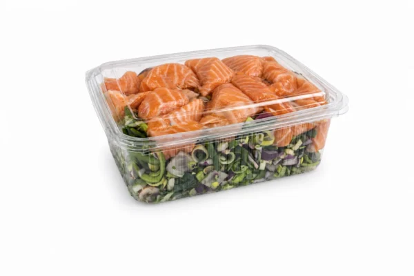 Roerbakgroente met zalm in een transparante bak op een witte studioachtergrond