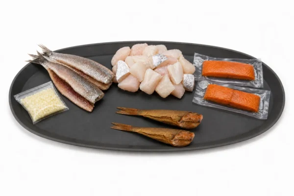 Vispuur Vispakket met twee zoute haringen en uitjes, twee vacuümverpakte zalmmootjes, kabeljauw-kibbeling en twee gerookte ponen